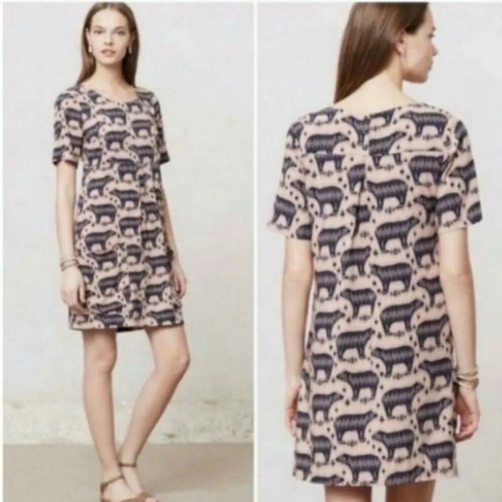 Maeve Anthropologie Zola Bear Shift Dress Women's 4 Blush Navy Boho Hippie Retro